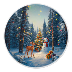 Bouton De Porte En Céramique Scene d'arbre de Noël Cute Deer Fawn Snowman