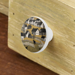 Bouton De Porte En Céramique Scène de ferme vintage avec cheval et chiens
