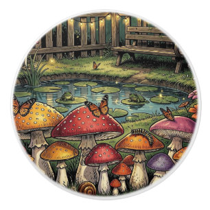 Bouton De Porte En Céramique Scène de forêt Cottagecore Champignons fantaisis