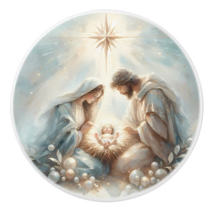 Bouton De Porte En Céramique Scène de la Nativité de la Sainte Famille radieuse