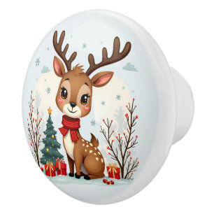 Bouton De Porte En Céramique Scène mignonne de rennes de Noël dans une forêt en