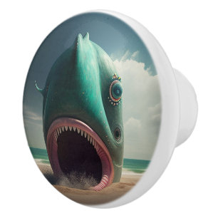 Bouton De Porte En Céramique Sculpture de requin sur la plage