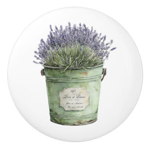 Bouton De Porte En Céramique Seau vert blanc Fleurs de lavande