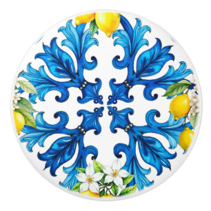 Bouton De Porte En Céramique sicilien, été, citron, mosaïque, bleu