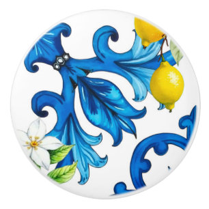 Bouton De Porte En Céramique sicilien, été, citron, mosaïque, bleu