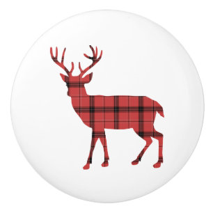 Bouton De Porte En Céramique Silhouette de cerf carreaux rouge et noir tartan