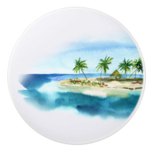 Bouton De Porte En Céramique Simple Tropical Island Beach Palm Tree Aquarelle 