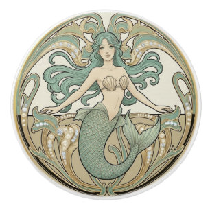 Bouton De Porte En Céramique Sirène Crème Verte & Or Art Nouveau Océan Mer