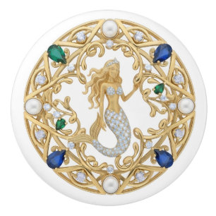 Bouton De Porte En Céramique Sirène de cristal d'or sous-marin marin océan mer