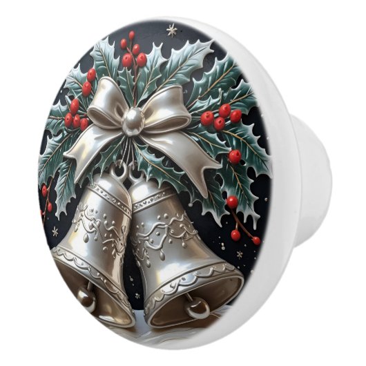 Bouton De Porte En Céramique Siver Bells et Holly Christmas (Droite)