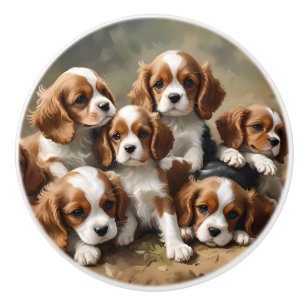 Bouton De Porte En Céramique Six Chiots Espagnols Cavalier,