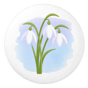 Bouton De Porte En Céramique Snowdrops - Fleurs de printemps sur aquarelle bleu