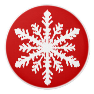 Bouton De Porte En Céramique Snowflakes Ikat - Rouge foncé et blanc