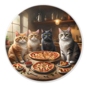 Bouton De Porte En Céramique Soirée Pizza Chat,
