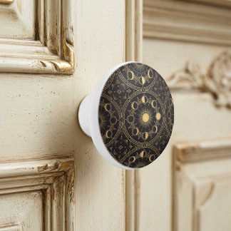 Bouton De Porte En Céramique Soleil céleste doré Phases lunaires Motif géométri
