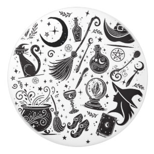 Bouton De Porte En Céramique Sorcière Magique Fantaisiste Wiccanne Païenne Noir