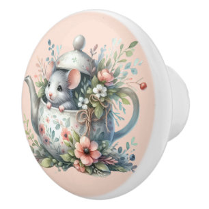 Bouton De Porte En Céramique Souris mignonne en théière florale Illustration