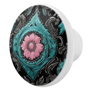 Bouton De Porte En Céramique Southern Cowgirl rose Turquoise Pays de l'Ouest