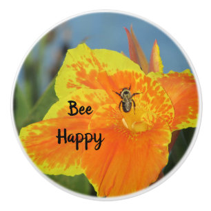 Bouton De Porte En Céramique Soyez Heureux Lys Canna Orange Clair avec Abeille