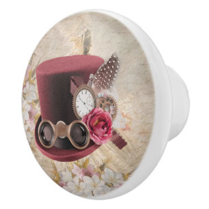 Bouton De Porte En Céramique Steampunk Casquette romantique W/Watch & Feathers