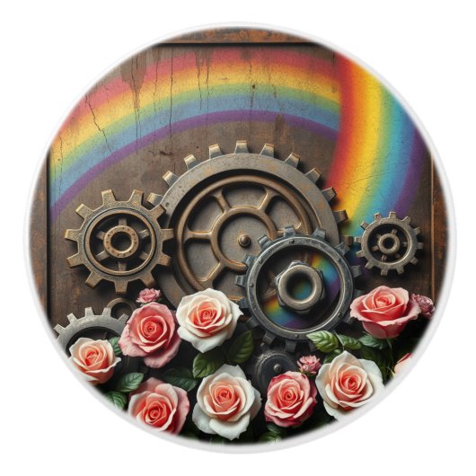 Bouton De Porte En Céramique Steampunk Gears and Rainbow (Devant)