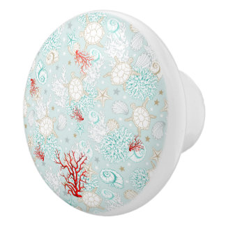 Bouton De Porte En Céramique Style côtier beau corail rouge turquoise
