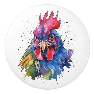 Bouton De Porte En Céramique Style d'aquarelle de poulet du coq du pays