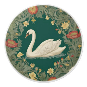 Bouton De Porte En Céramique Style Swan William Morris Face gauche Turquoise Ve
