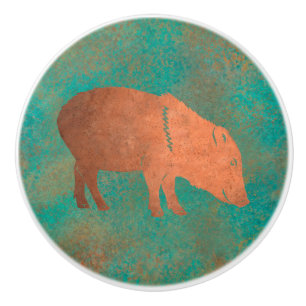 Bouton De Porte En Céramique Sud-ouest Cute Javelina Momma Cuivre Turquoise
