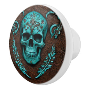 Bouton De Porte En Céramique Sud-Ouest Turquoise Día De Muertos Crâne à sucre