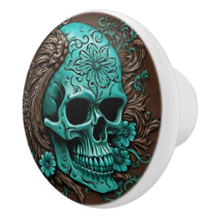 Bouton De Porte En Céramique Sud Turquoise Pays Ouest Crâne floral
