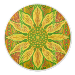 Bouton De Porte En Céramique Sun Flower bohème floral art jaune vert orange