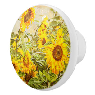 Bouton De Porte En Céramique Sunflower Field Vintage Yellow Green Russe