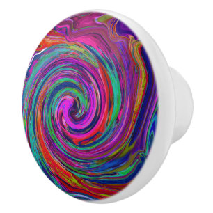 Bouton De Porte En Céramique Super Abstrait Retro Magenta Dark Rainbow Swirl