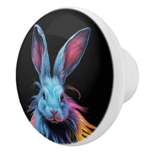 Bouton De Porte En Céramique Superbe Lapin Bleu en feu