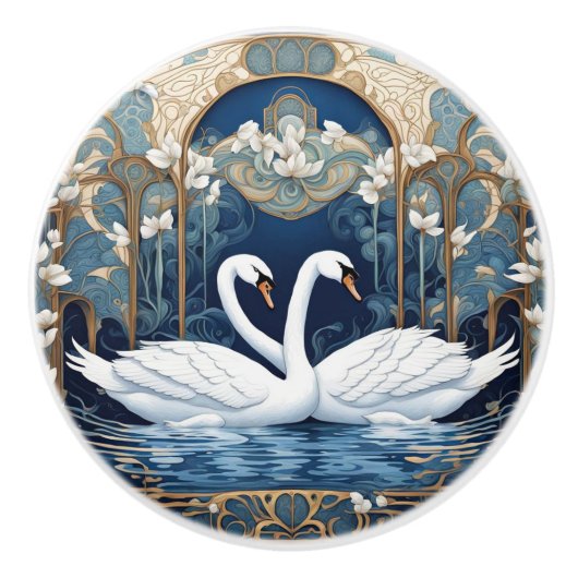 Bouton De Porte En Céramique Swan Couple Art Nouveau Bird Art Déco Bleu (Devant)