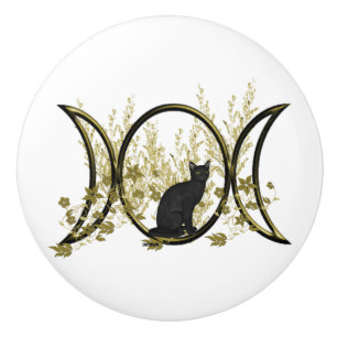 Bouton De Porte En Céramique Symbole de la lune triple chat noire