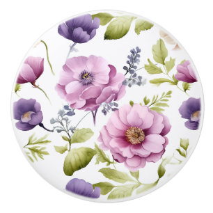 Bouton De Porte En Céramique Symphonie Royal Bloom Purple Floral Pattern