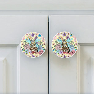 Bouton De Porte En Céramique Tabby Fairy Cat Mushroom Floral