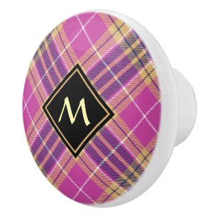 Bouton De Porte En Céramique Tartan rose, or et bleu