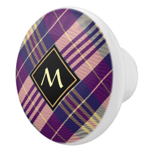 Bouton De Porte En Céramique Tartan Violet, Or et Bleu