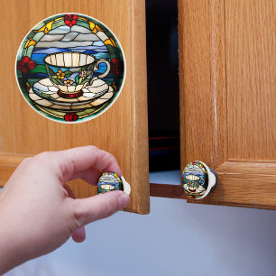 Bouton De Porte En Céramique Tasse de thé et soucoupe Faux Verre de teint