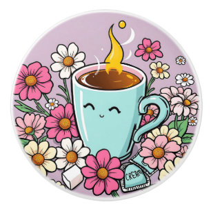 Bouton De Porte En Céramique Tasse fantaisiste de café chaud et de fleurs