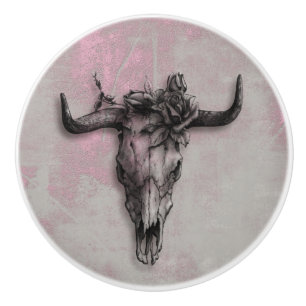 Bouton De Porte En Céramique Taureau et Rose sur Rustic Pink Grey arrière - pla