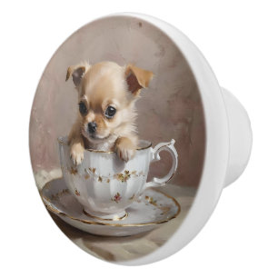 Bouton De Porte En Céramique Teacup Chihuahua Paint Puppy Oil,