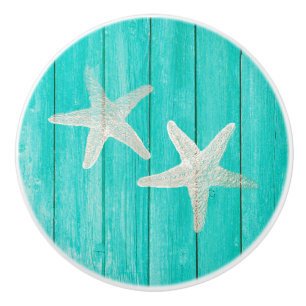 Bouton De Porte En Céramique Teal Wood & Starfish Beach Élégant Chic Tropical