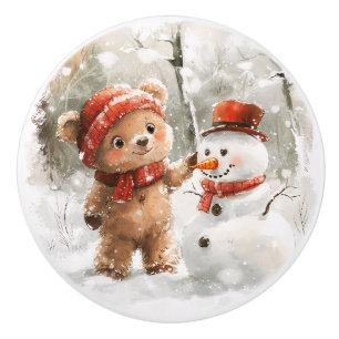 Bouton De Porte En Céramique Teddy Bear et Snowman