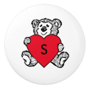 Bouton De Porte En Céramique Teddy Bear Heart Initial