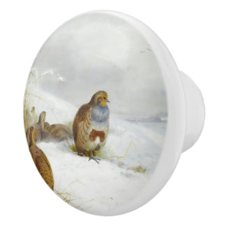 Bouton De Porte En Céramique Temps difficile - perdrix et lièvre, Art Bird