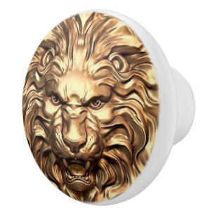Bouton De Porte En Céramique Tête de lion doré rugissant